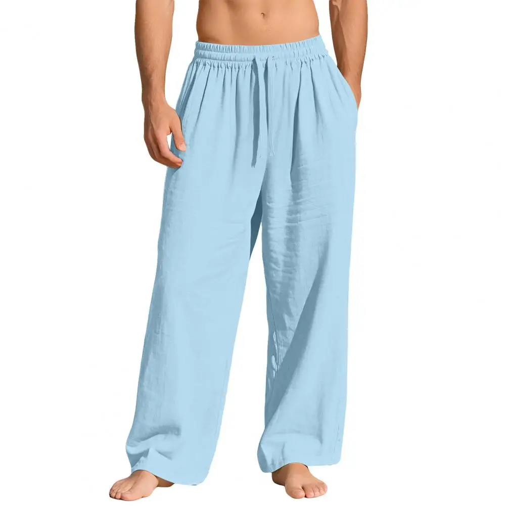 

Летние мужские льняные брюки прямого кроя с эластичным поясом и шнурком, легкие, с карманами, повседневные, пляжные, длинные