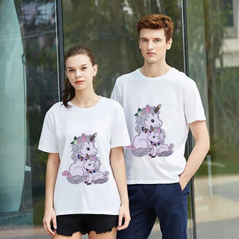 

Solid Cotton T-shirts Parent-child Wear Oversized Casual Soft Tees Unisex Short Sleeve Summer Tops New Unicorn Pattern