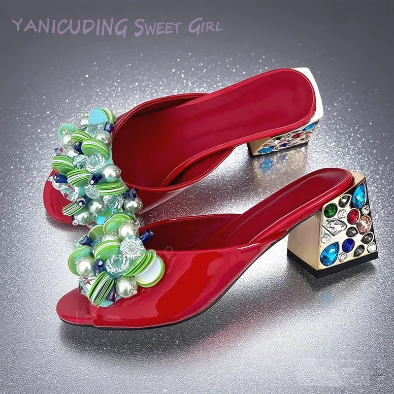Slippers Red Patent Leather Green Crystal Gemstone Beads Sequins Women Low Heels Peep Open Shallow Gemstone Sandals Bling Shoes