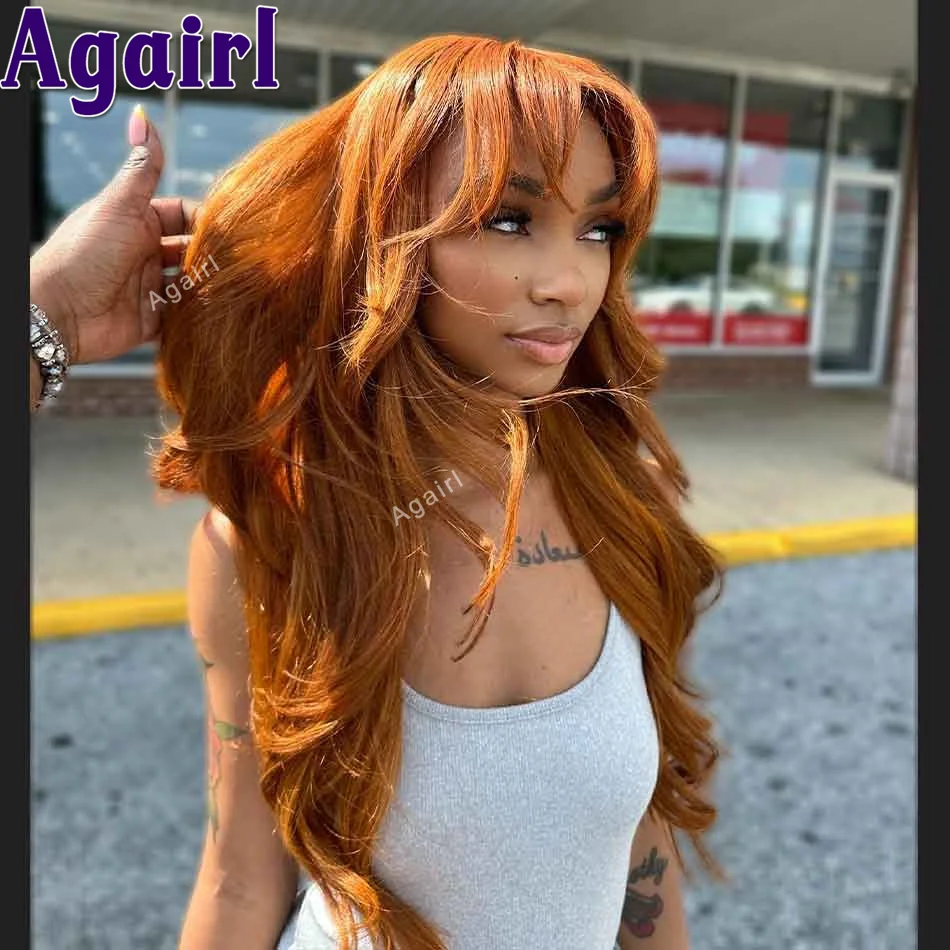 Copper Brown Ready Go 6X4 Lace Closure Human Hair Wigs with Bangs Orange Ginger 13x6 13X4 Lace Frontal Body Wave Wigs for Women