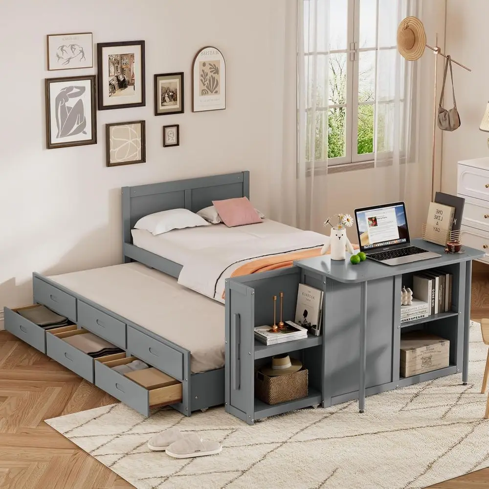

Twin Size Daybed with Trundle and Storage, Wood Twin Bed with Desk & Bookcase, Twin Platform Bed for Kids, Teens, and Adults, Gr