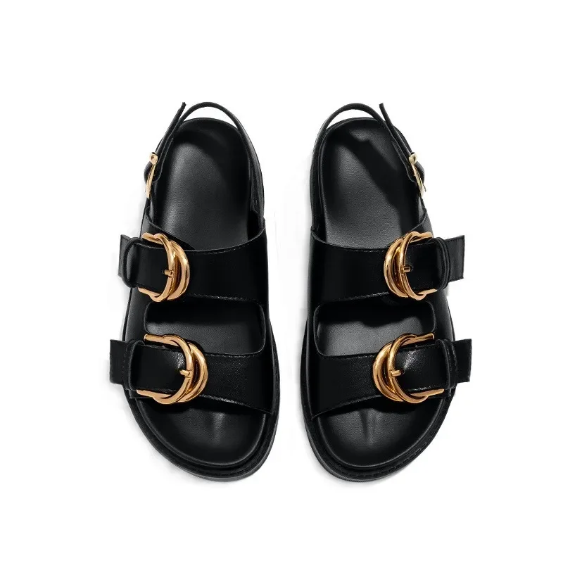 Retro Fashion Design Slide Slippers Women 2024 Summer Black Soft Leather PU Metal Buckle Flat Sandals Light Non-Slip Beach Shoes