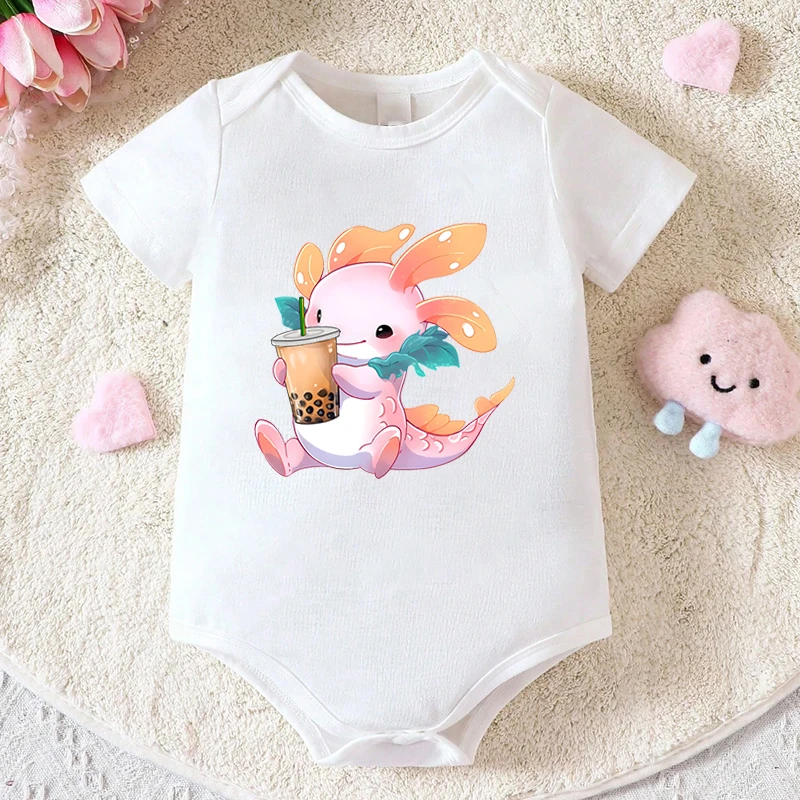 

Adorable Axolotl Bobo Tea Print Baby Boys Girls Bodysuit Summer Short Sleeves Cotton Jumpsuit Perfect Bodysuit Gift For Newborns