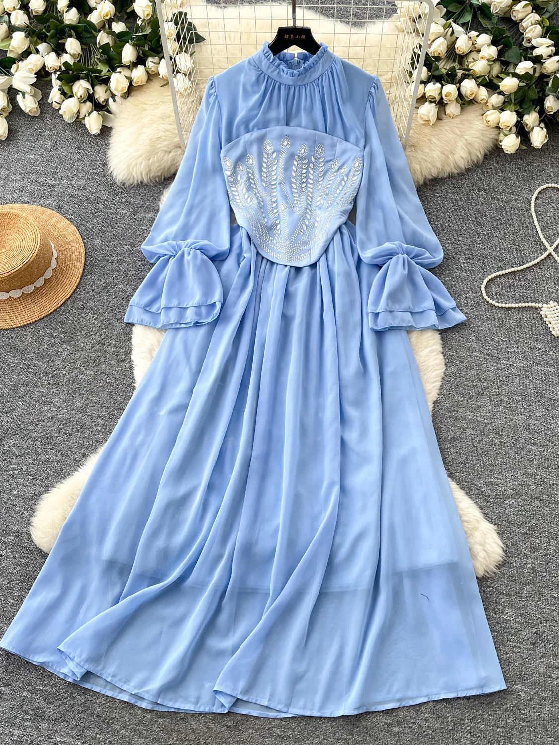 

Elegant Blue Long Sleeve Leaf Collar Two-Piece Set Women's Autumn Waist-Cinching Slimming Commute Personality Ensemble