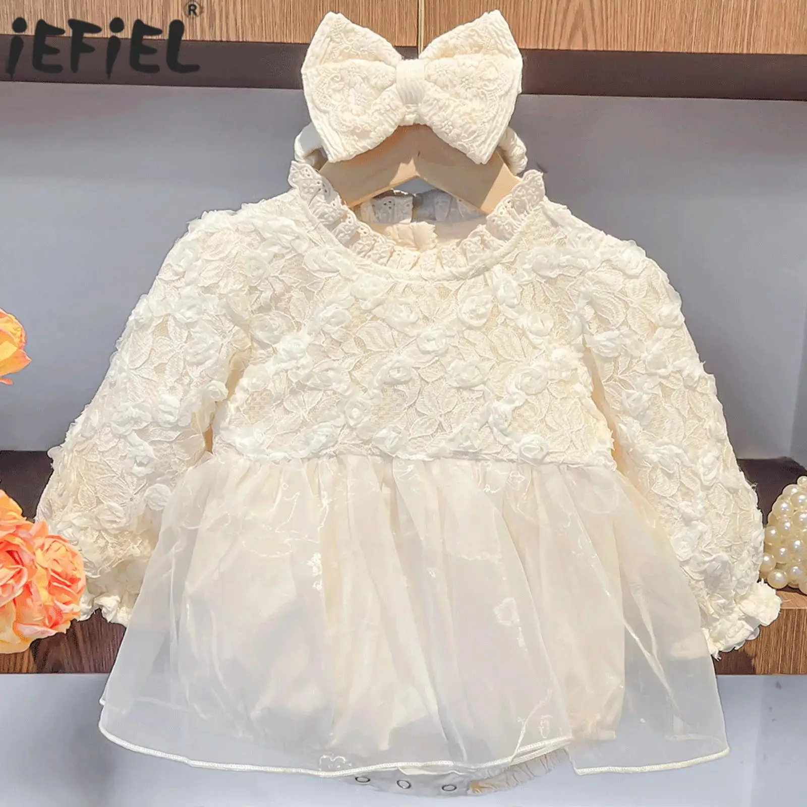

Newborn Baby Girls Spring Autumn Sweet Cute Rompers Princess Dress Lace Floral Tulle Baptism Birthday Party Gown with Headband