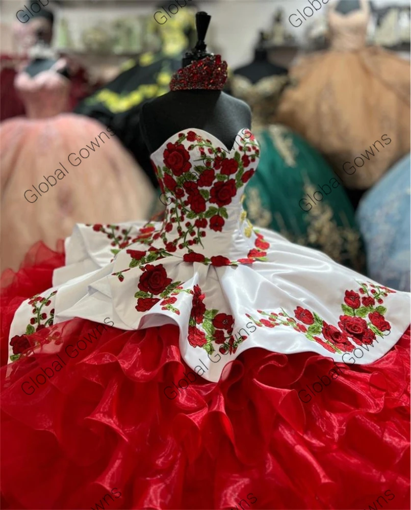 Robe de Rhà volants rouge du Mexique, robes de Quinceanera, appliques de perles, longue robe de Rhà plusieurs niveaux, fête d'anniversaire, robe éducative, 15 ans