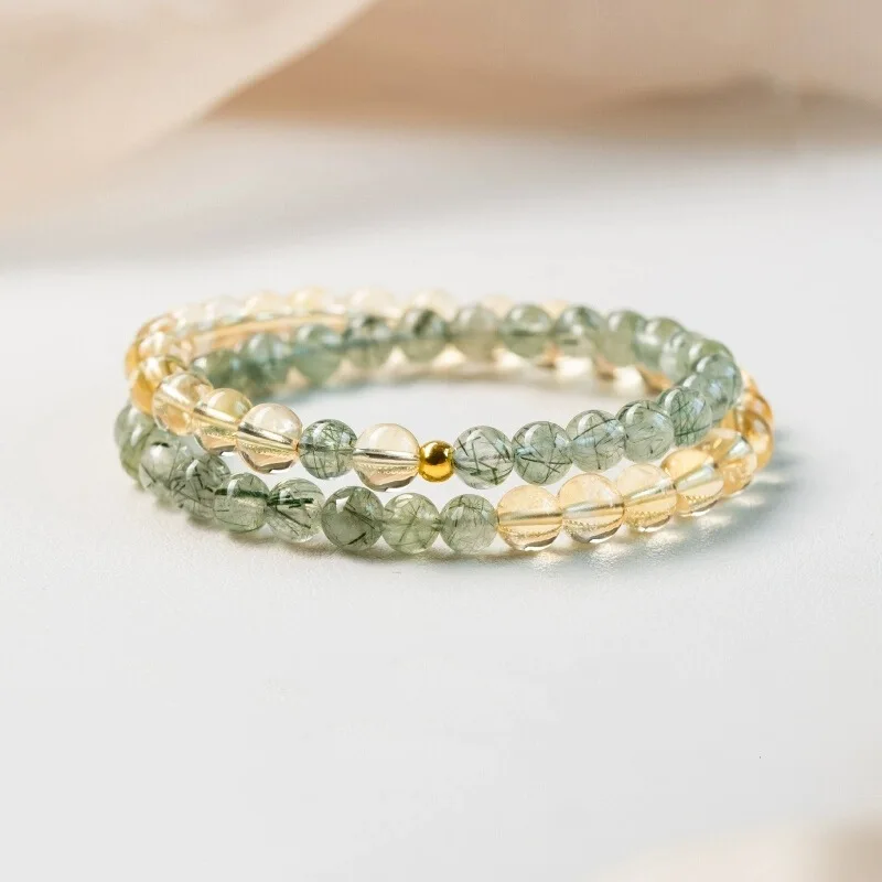 Natural Rutilated Quartz Yellow Green Double Circle Women'S Bracelet