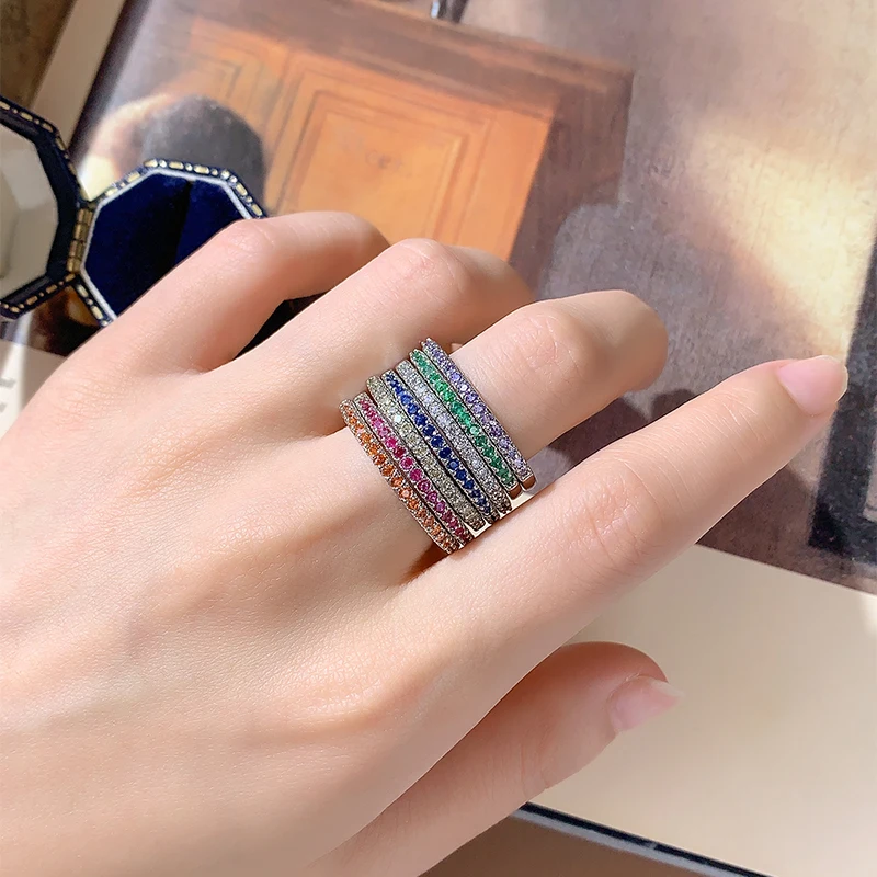 خاتم من الفضة الإسترليني عيار 925 مطلي بالزركون الملون قابل للتكديس مجوهرات نسائية أنيقة هدية عيد ميلاد هدية عيد الحب