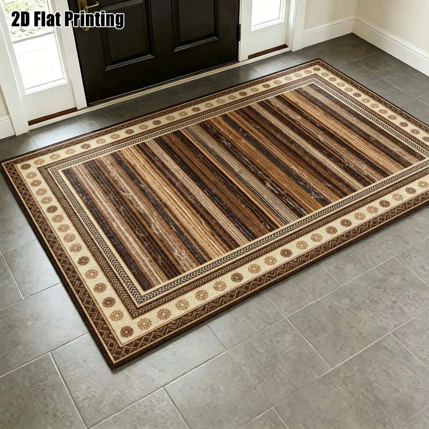 1Pc 2D Printed Geometric Stripe Brown Coffee Retro Minimalist European Home Carpet, Multi-Size Machine Washable, Suitable for Entrance, Dining, Foyer, Study, Living Room, Bedroom