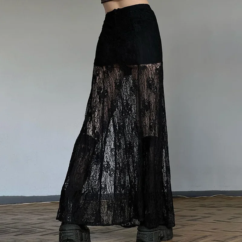 Gothic elegante sexy Patchwork Spitze Split Rock schlank durchsichtig hoch taillierte Maxi röcke Frauen 2024 Sommer Mode Streetwear