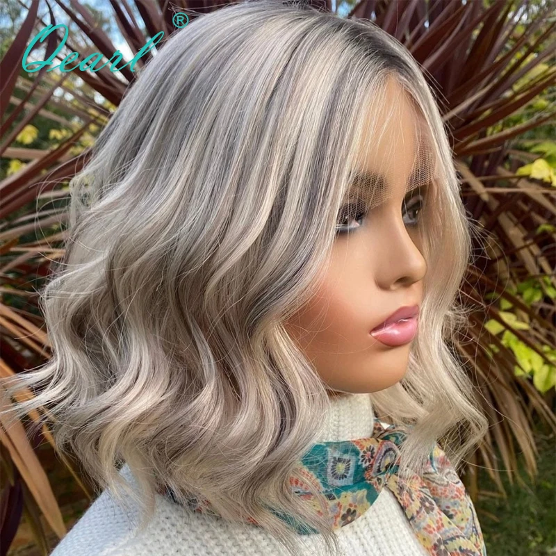 

Human Hair Lace Frontal Wig Short Bob 13x4 Glueless Lace Front Wigs HD Transparent Ash Blonde Light Grey Highlights Wavy QEarl