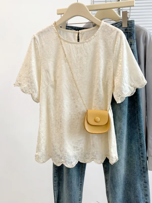 

New Chinese Style National Trend Embroidered Short Sleeve Women's Shirt Summer 2026 Acetate Satin Top plus Size round Neck