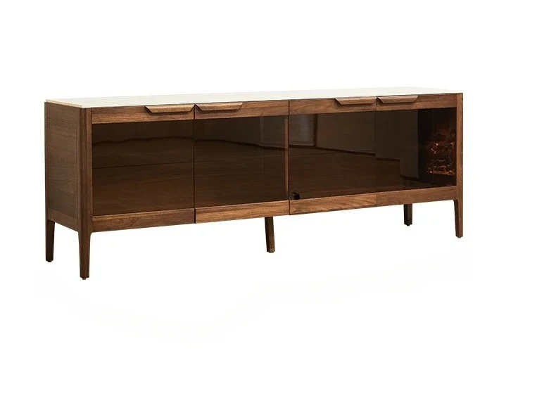 

C North America Black Walnut Stone Plate TV Cabinet Living Room Home Solid Wood Glass Storage Cabinet Integrated Storage Cabinet