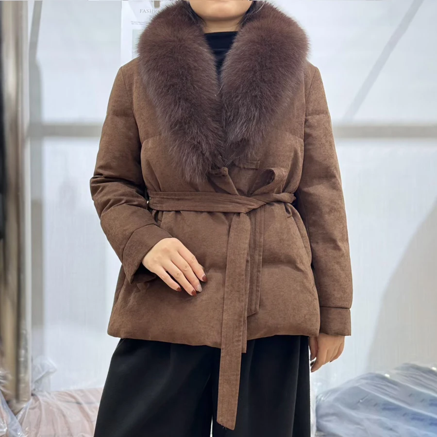 CNEGOVIK المرأة أسفل سترة مع الفراء الثعلب سترة مع الفراء الحقيقي أسفل معطف المرأة الطبيعية الثعلب الفراء طوق الشتاء أوزة ريشة #2