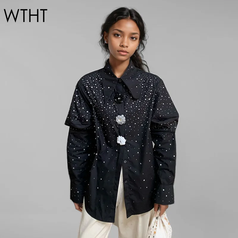 WTHT Fashion New Women's Diamonds Design Flower Buckle Shirt 2024 Winter Lapel Wrinkled Long Sleeves Blouse Female 1LS564