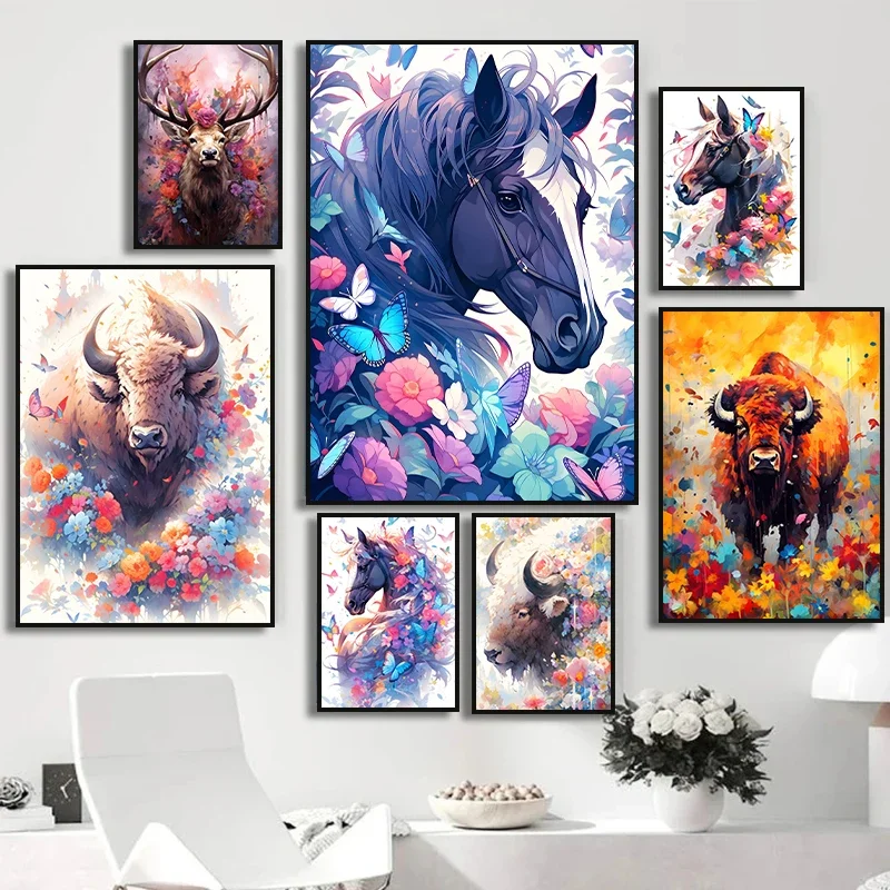 Forest Animal Wolf Bear Wolf Deer Owl Horse Flower Highland Cattle Panda Poster Canvas Painting Wall Art Living Room Home Decor