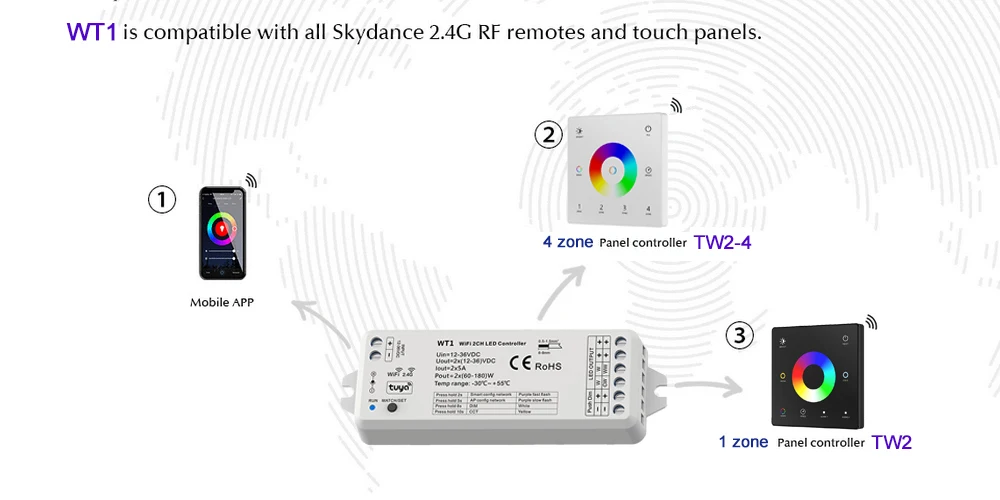 LED Smart Dimmer 2 CH 12V 24V 36V CCT LED Strip Dimming Controller Kit 2.4G RF Remote Control 4 Zone Touch Switch For TUYA Wifi