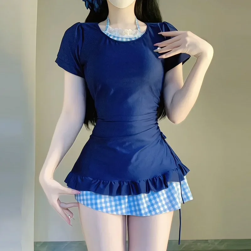 Women's Navy Short Sleeve 2-Piece Skirted Swimsuit Gingham Inner Ruffle Hem Tummy Control Bathing Suit for Beach Swimming