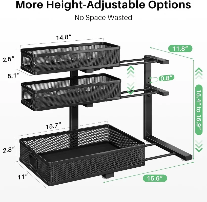 

2-Pack 3-Tier Height Adjustable Thickened Metal Pull out Cabinet Organizer Shelf, Slide out Storage Drawer Rack