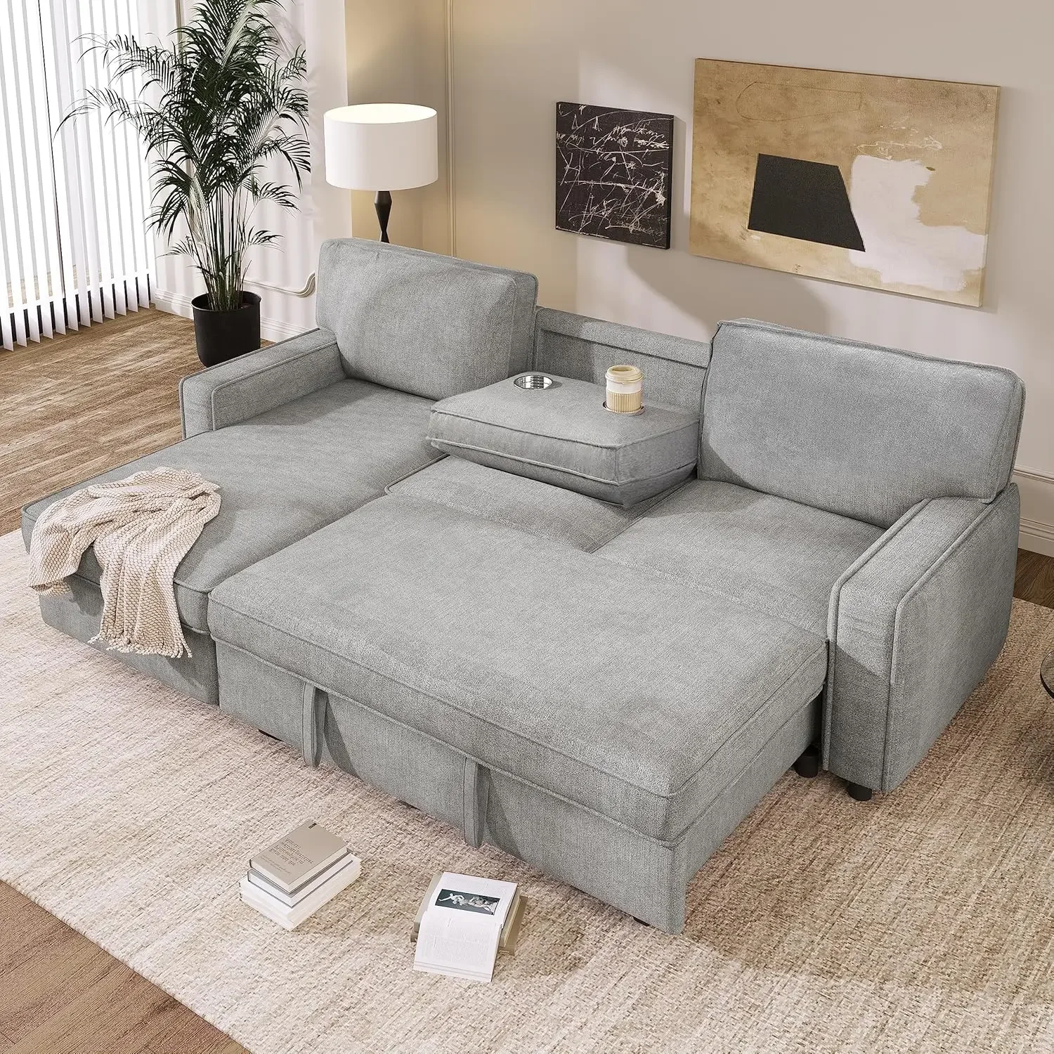 

L Shaped Sectional Sofa with Reversible Storage Chaise, Pull Out Sofa Bed with USB Ports and 2 Cup Holders for Living Room