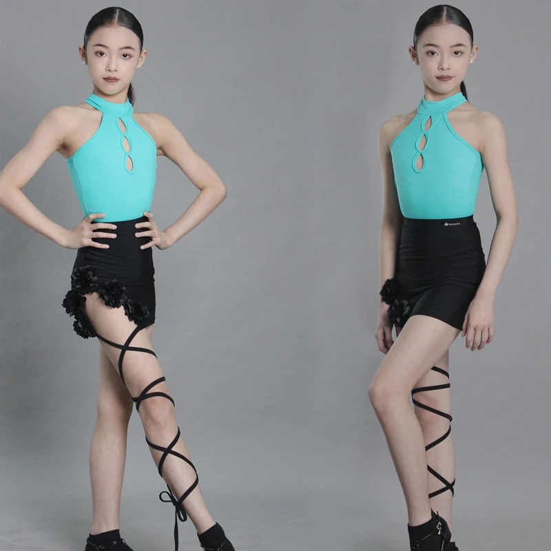 

Kids Chacha Salsa Rumba Dancing Costume Girls Latin Dance Clothing Blue Halter Top Irregular Shorts Child Stage Wear XS9818