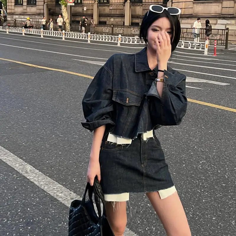 Spring/summer Retro Street Style High Waist A-Line Short Skirt Denim Short Jacket Casual Two Piece Set