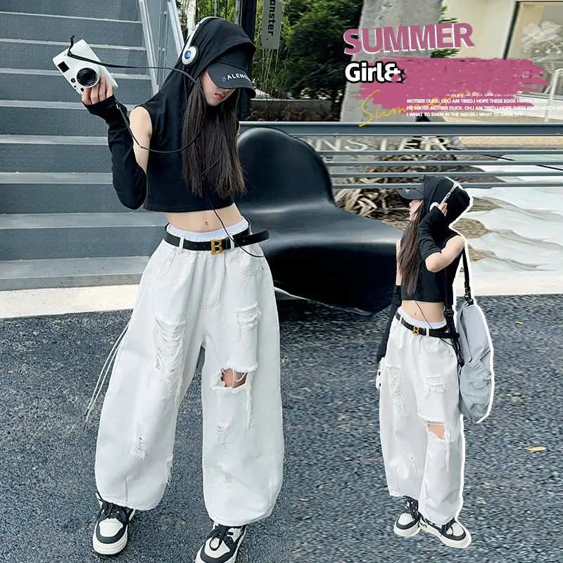 

youth girls clothes set cotton Hooded detachable sleeve short top+white big hole Jeans 2pcs junior kids suit teen child outfits