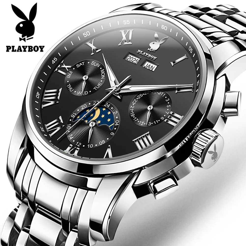 

PLAYBOY 3096 Мужские часы премиум-класса с фазами Луны, хронографом, автоматическим механическим механизмом, роскошные деловые часы для мужчин