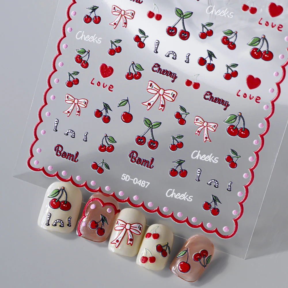 1 قطعة 5D الأحمر الفراولة الكرز مسمار ملصق Kawaii الصيف الفاكهة الآيس كريم لاصق الشارات القوس كعكة المتزلجون DIY بها بنفسك مانيكير الديكور