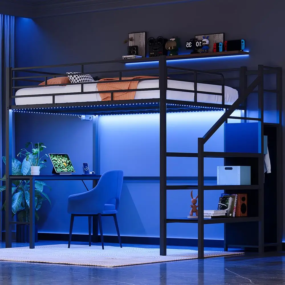 

Full Loft Bed with Desk,15 Extra High Safety Guardrail with 2 Charging Station,Heavy Duty Metal Loft Bed Frame with Staircase,W