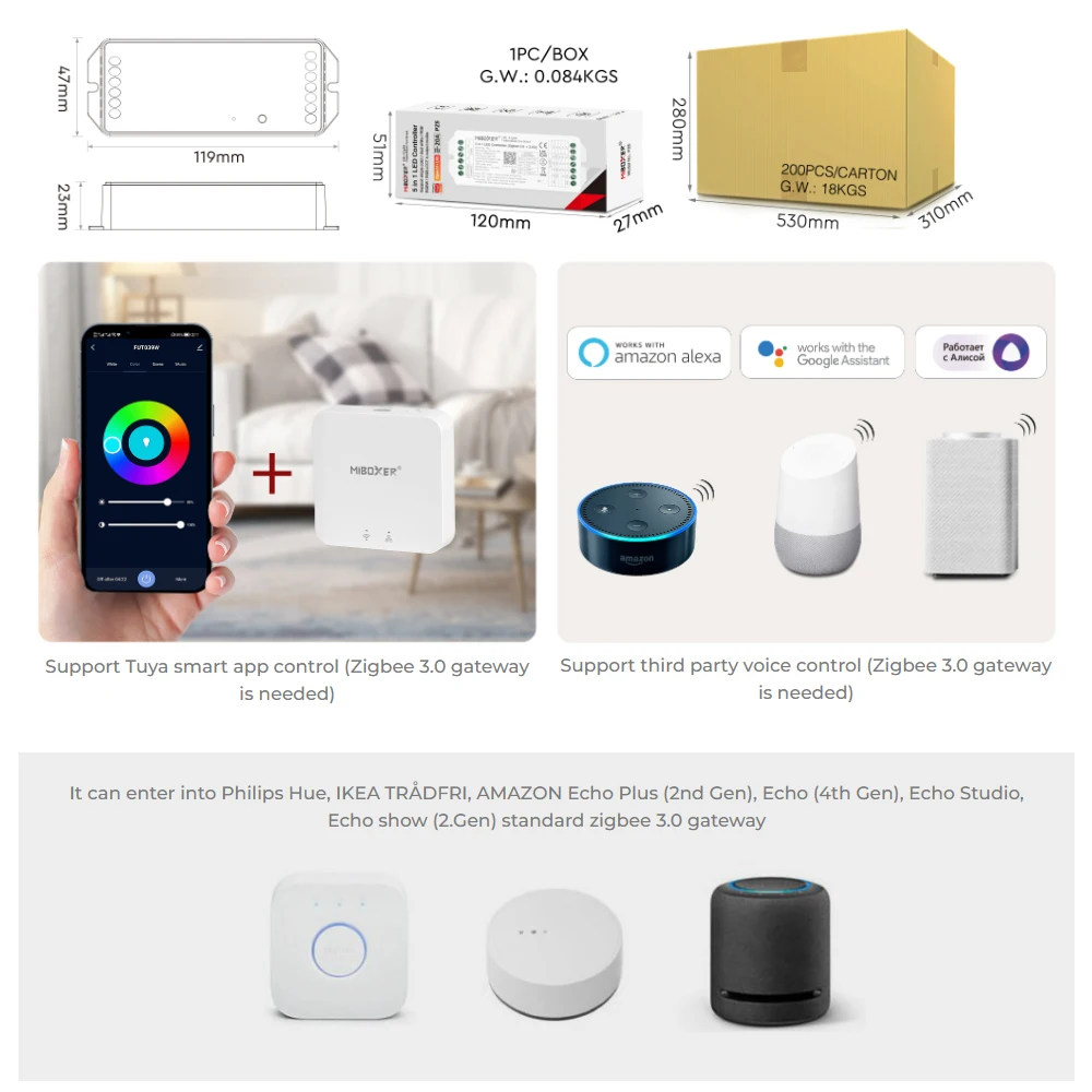 Miboxer DC12~48V PZ2 2IN1 PZ5 5IN1 Zigbee3.0 +2.4G RF LED Controller Max 20A For Single/Dual Color /RGB/RGBW/RGB+CCT Led Strip