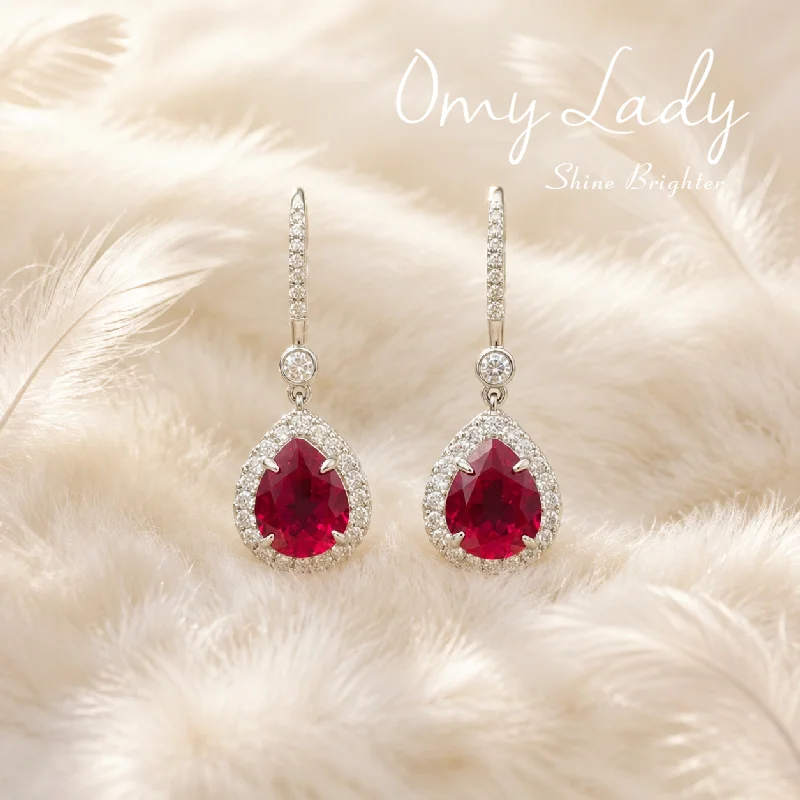 OMY LADY, Shine Brighter,Classic Angel's Tears Lab Grown Pigeon Blood Ruby Hook Earrings Premium S925 Sterling Silver Jewelry