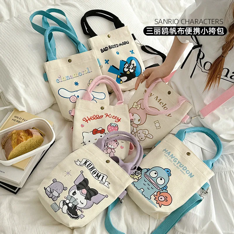 Kawaii Cinnamoroll Canvas Bag Sanrio Kuromi My Melody Badtz-maru Hangyodon Girl Women Tote Bag Casual Shoulder Crossbody Bag