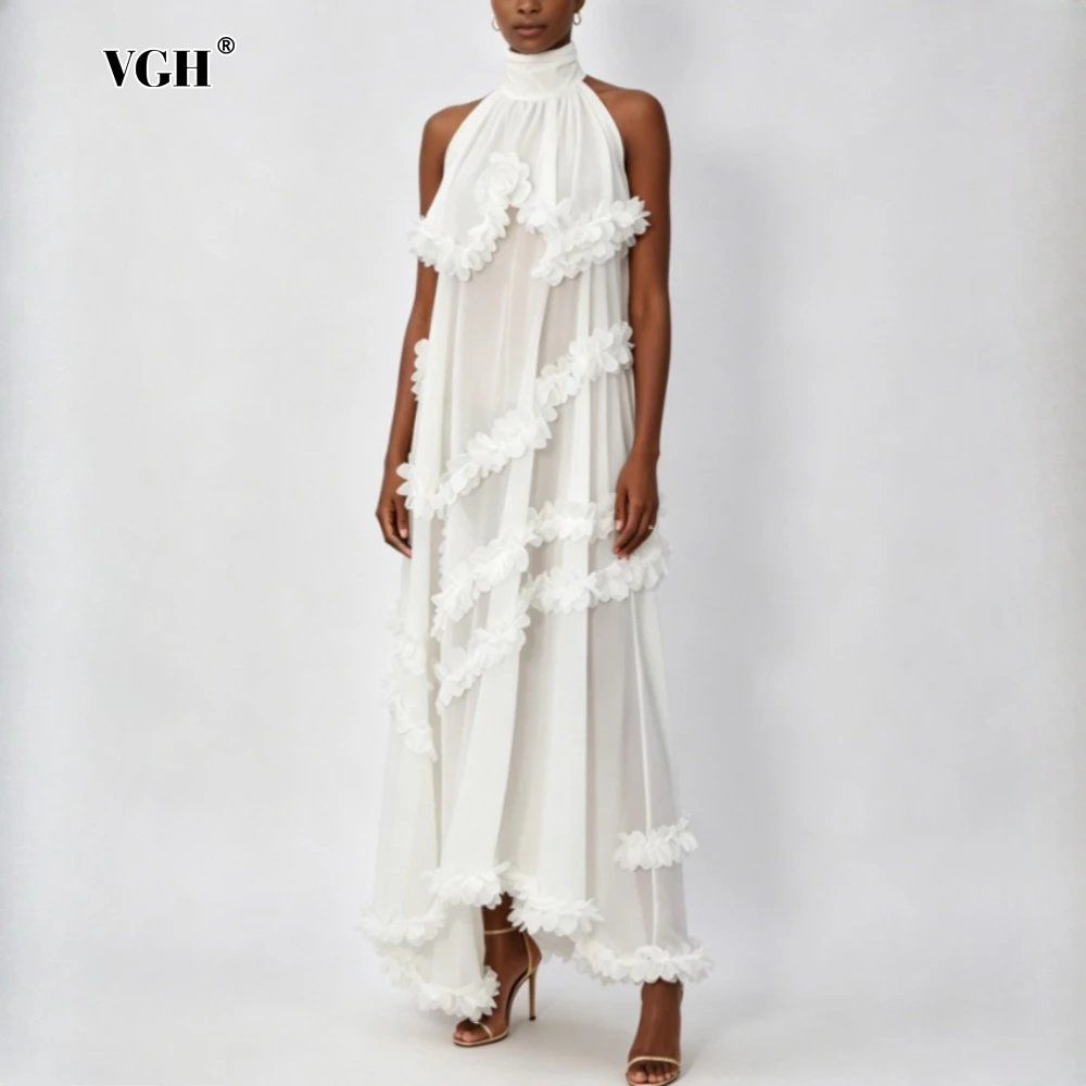 

VGH Solid Loose Spliced Flowers Chic Dresses for Women Turtleneck Sleeveless Elegant Romantic Dress Female Summer Fashion Style