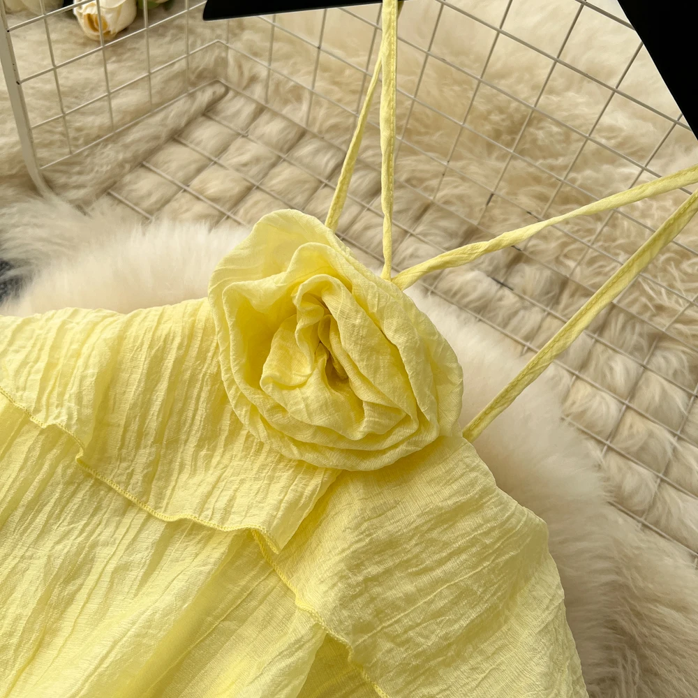 Chic vintage chiffon ruffle halter Ruched Elegant dress Fairy korean fashion Boho Sundress women clothing