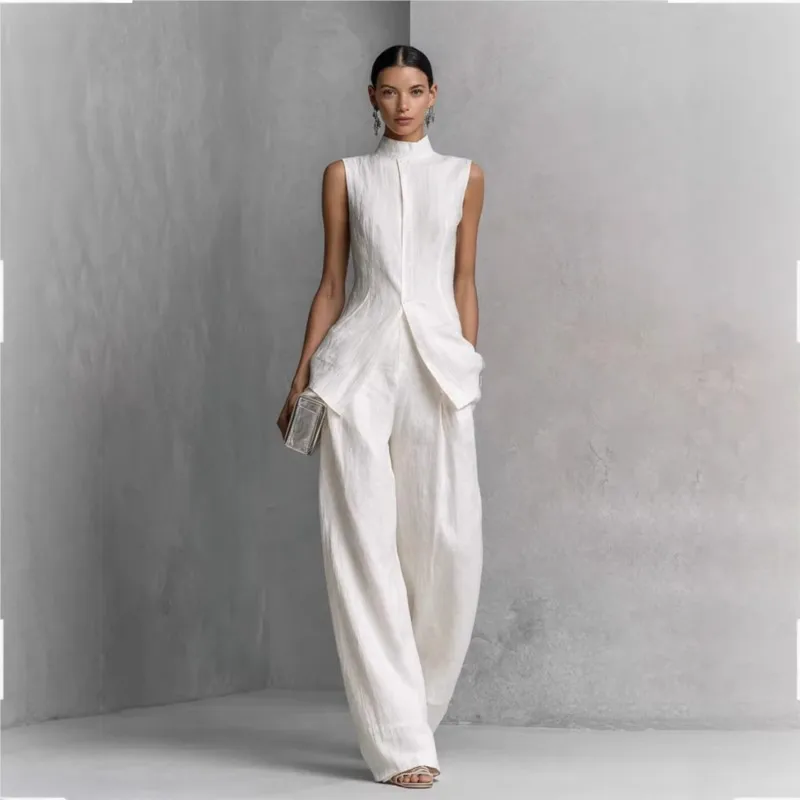 

Fashion Solid Cotton Linen Suit For Women Sleeveless Turtleneck Top & High Waist Pants Set New Spring Summer Button Loose Outfit
