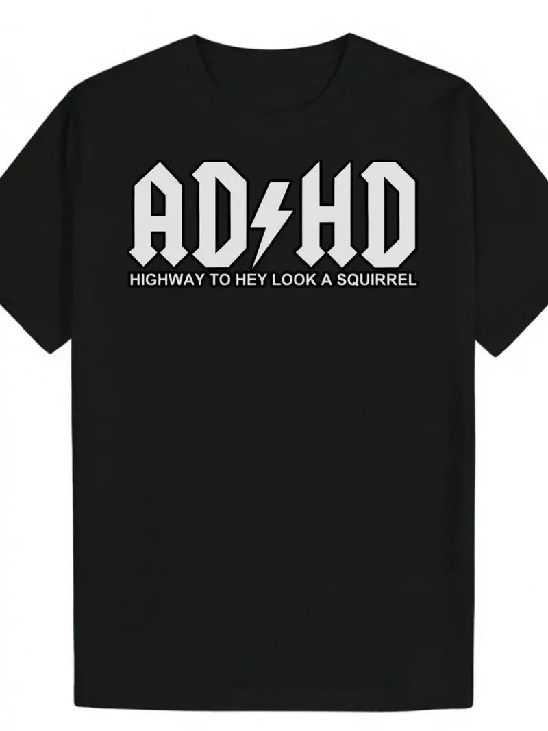 Men's Adhd Pattern T-Shirt, Black Casual Summer Round Neck Cotton Tee, Bold Letters Breathable Soft Comfortable Top Gift For Him