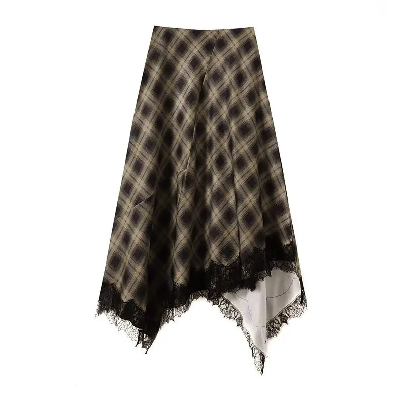 European and American 2026 new women's clothing cross-border irregular versatile plaid splicing lace skirt
