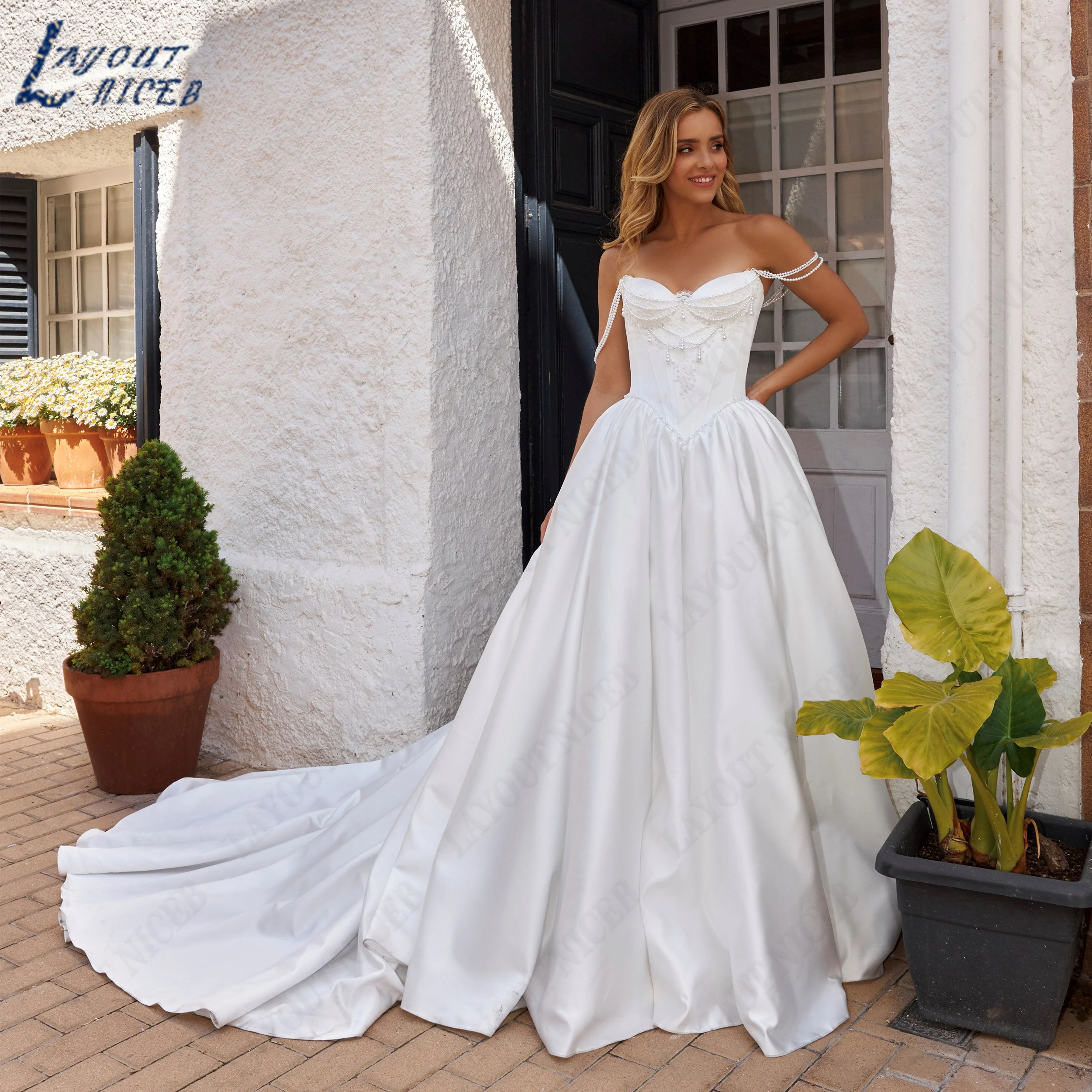 LAYOUT NICEB Customized Satin A Line Bridal Dress Sweetheart Pearl Corset Wedding Gown Beaded Sleeveless Dresses For Bride