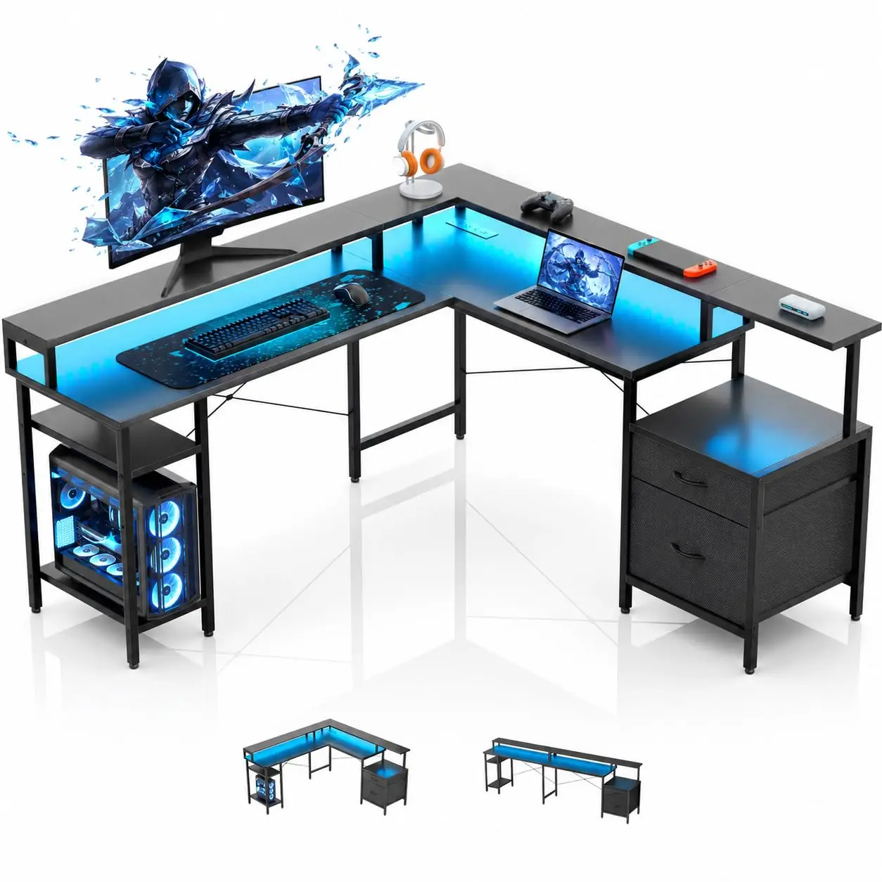L Shaped Gaming Desk with LED Lights & Power Outlets, 67