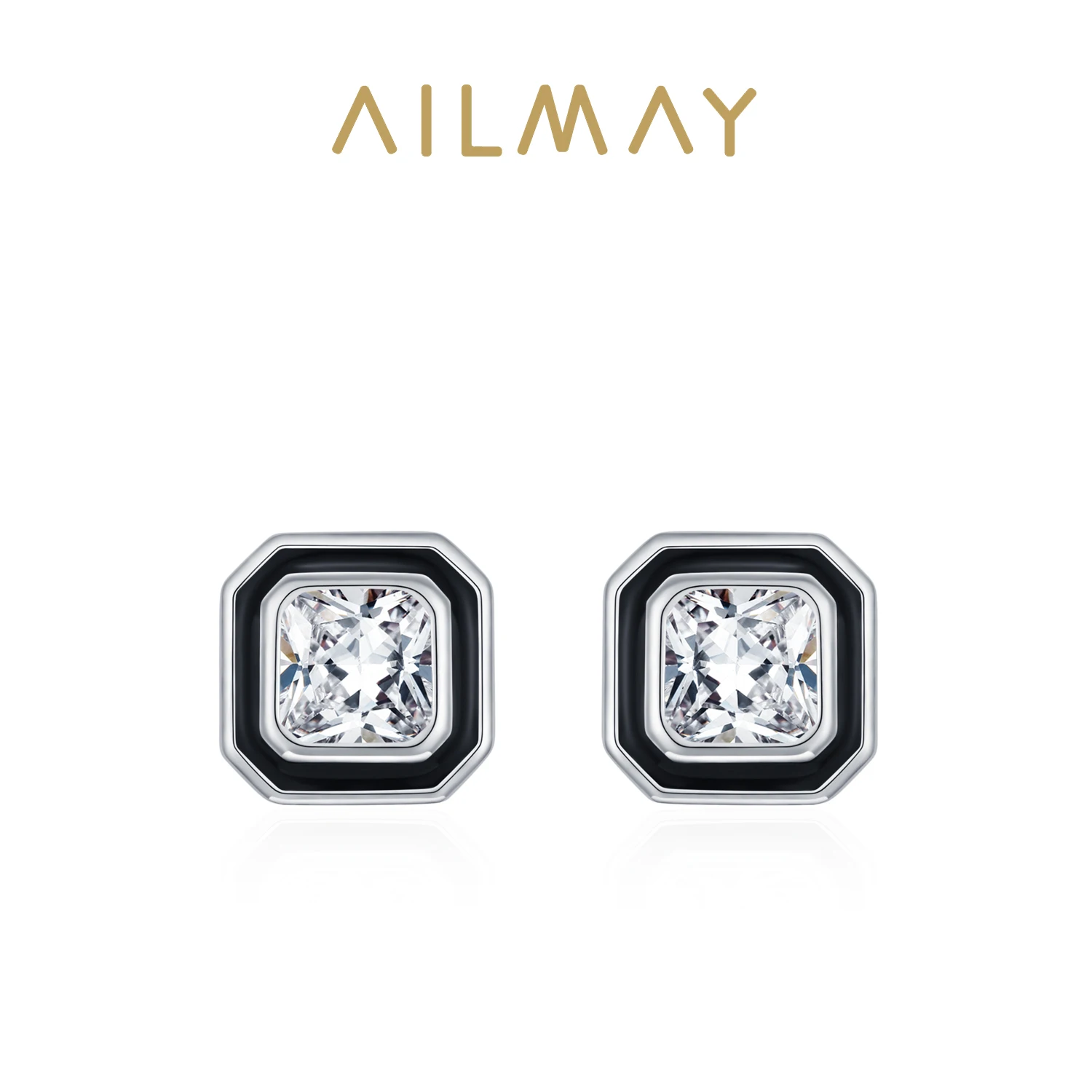 

Ailmay 925 Sterling Silver Luxurious Square Zircon Stud Earrings For Women Daily Wear Parties Retro Punk Style Jewelry