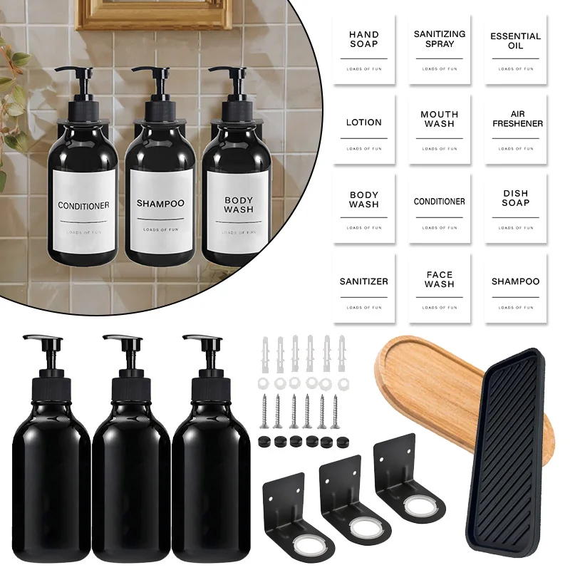 1/2/3PCS 500ml Hand Soap Dispenser With Labels Shampoo Conditioner Bottle Tray Holder Liquid Container Wall Mounted Hanger Rack