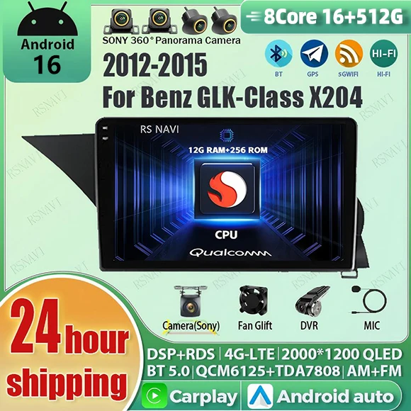 Android 16 Carplay Auto Qualcomm 2K Screen Car Radio Multimedia Player For Benz GLK-Class X204 2012 - 2015 Stereo GPS Wifi 4G BT