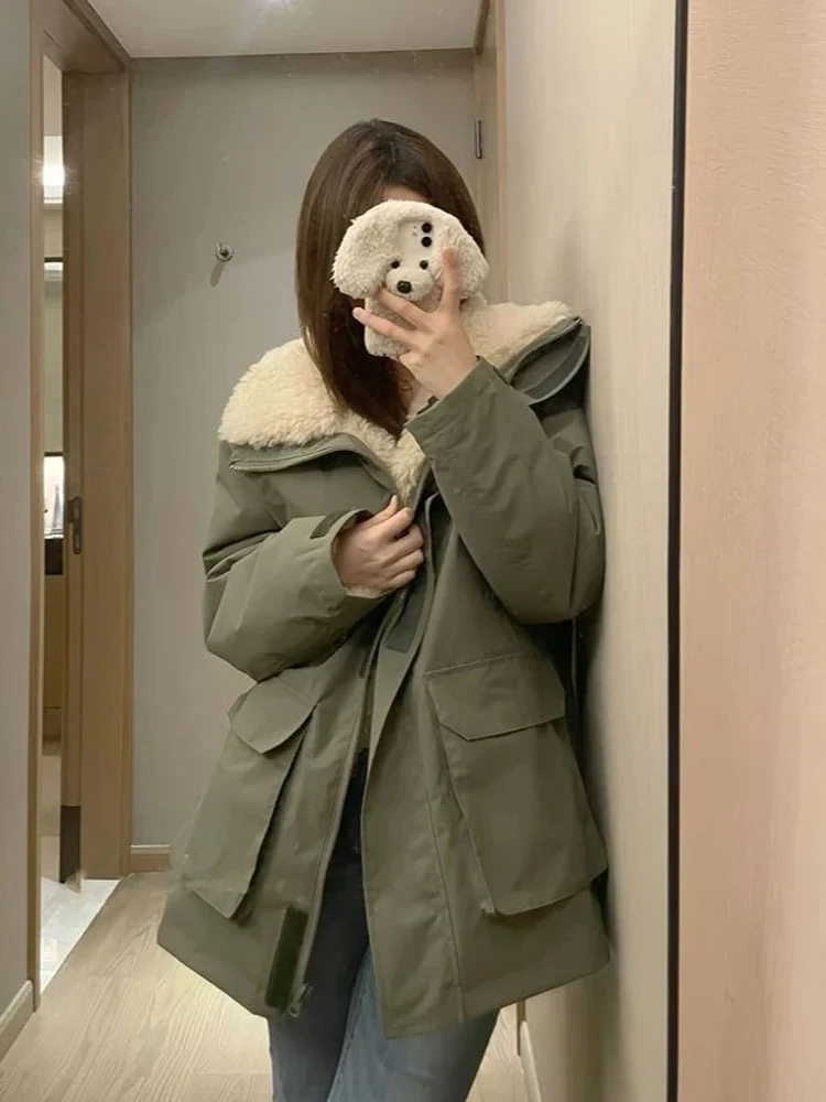 Korean Style Thickened Lamb Fur Collar Patchwork down Jacket Women's Winter New Fashion Warm Cotton Clothes Coat Outerwear