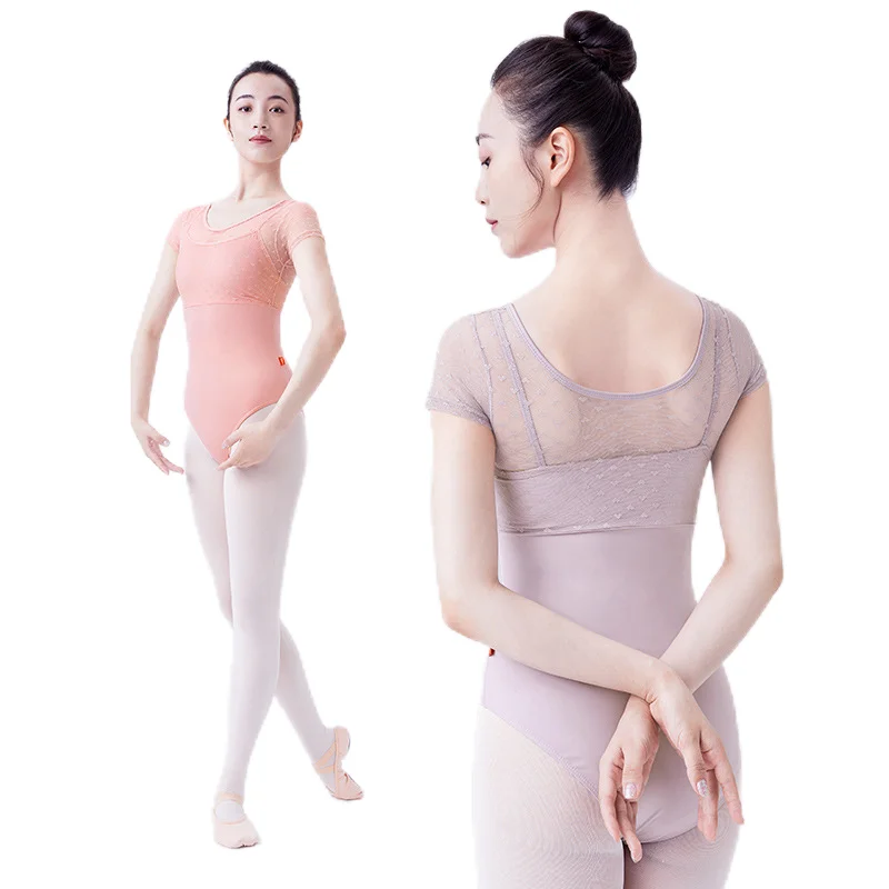 Tiener Meisjes Vrouwen Dans Maillots Met Beha Kant Faux-2 Stukken Ballet Bodysuits Pull Op Jumpsuit Korte Mouwen Gymnastiek Badmode