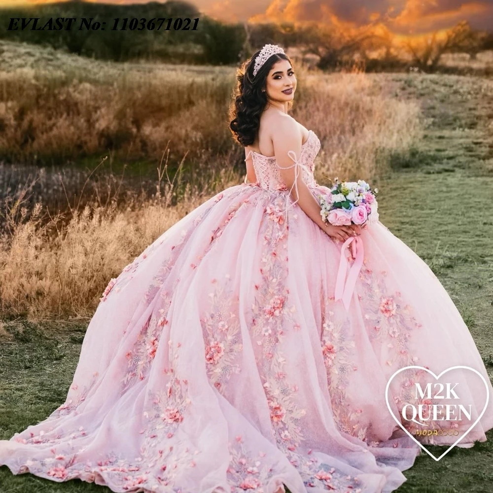 

EVLAST Glitter Floral Pink Quinnceanera Dress Ball Gown Applique Beaded Crystal Mexico Corset Sweet 16 Vestidos De 15 Anos SQ452