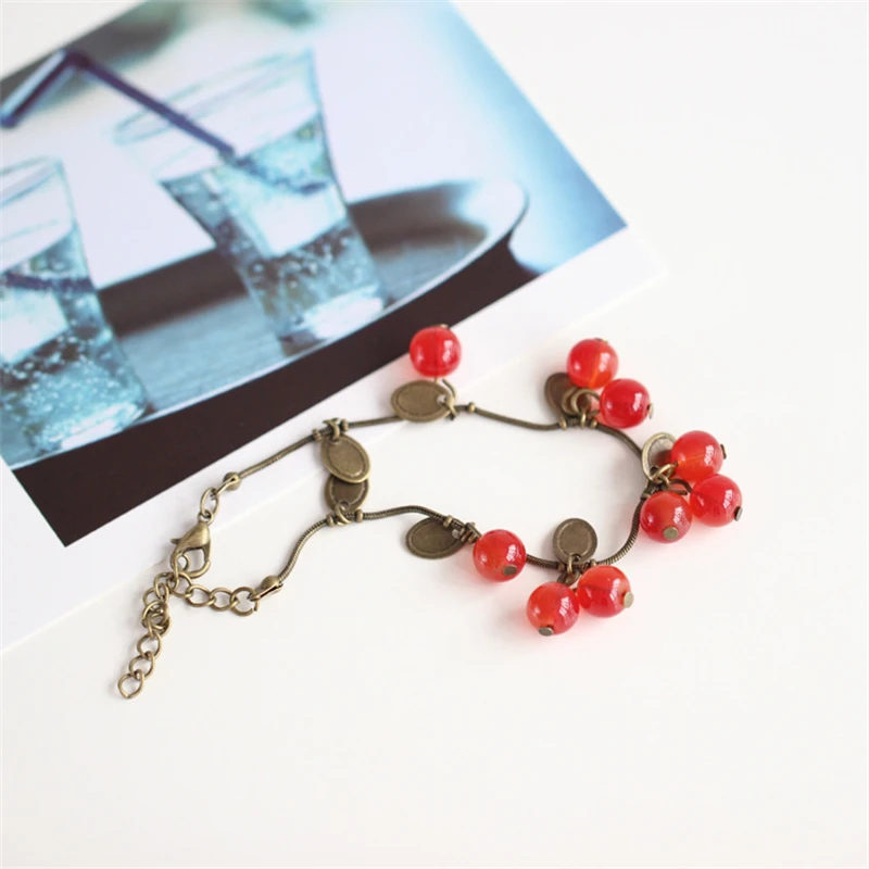 Sweet Cherry Girls Bracelets Antique Color Chain Coin Pendants Female Bangle Vintage Boho Bracelets Summer pulseras mujer