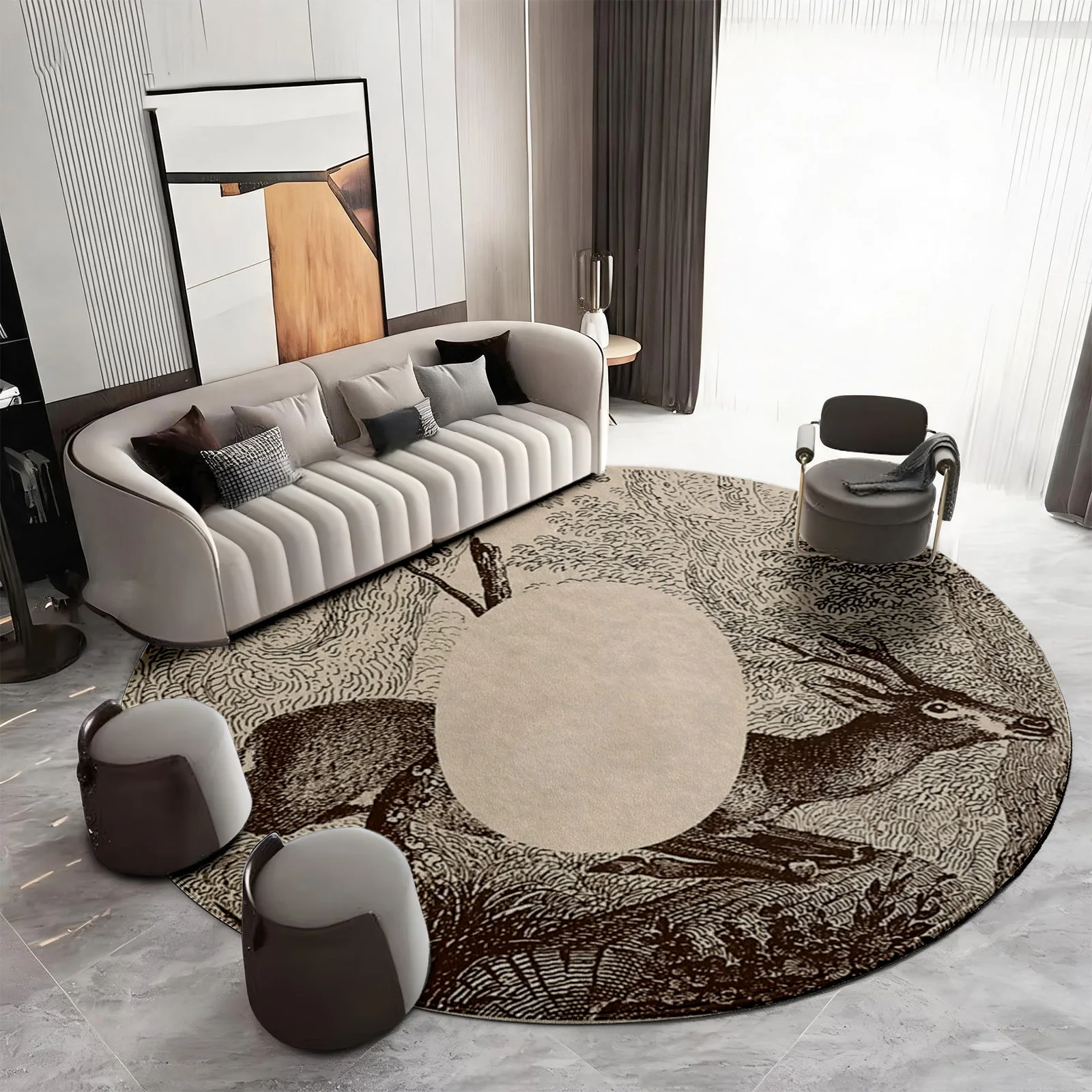 Stylish Round Deer Print Area Rug Boho Farmhouse Living Room Accent Carpet Wildlife Animal Pattern Decor Nursery Mat Islamic Sty