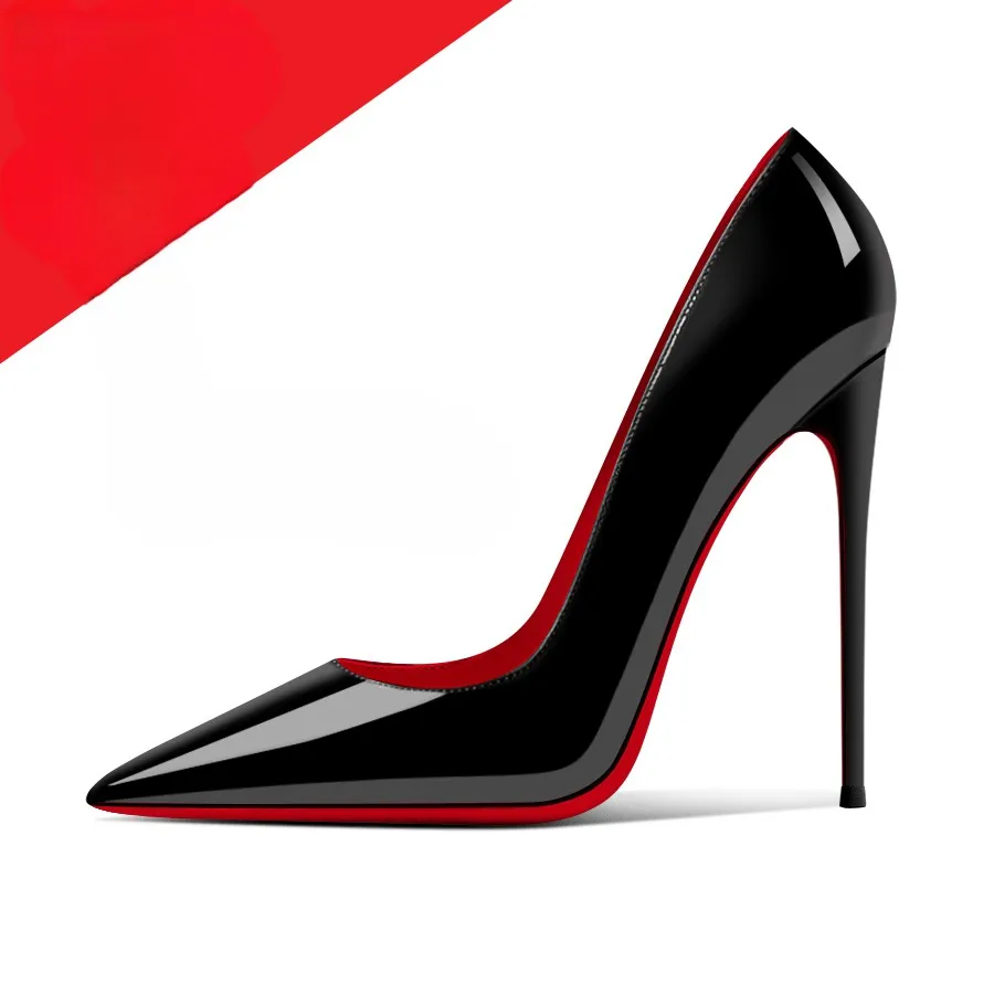 

Black patent leather single shoes, red-soled high heels, 12cm thin-heeled pointed-toe women's business party high heels