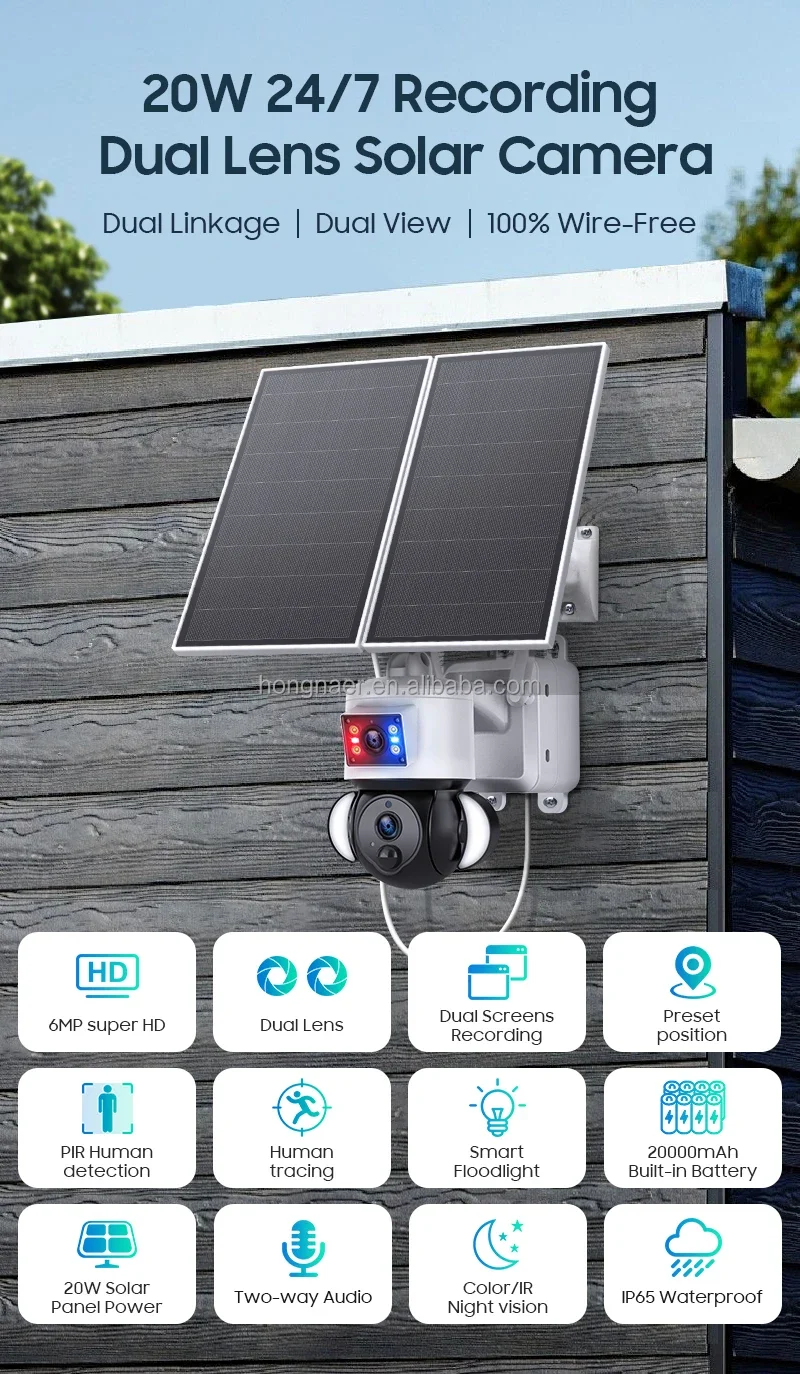 2026 Hongnaer 6MP AOV 20W Solar Powered Wireless 4G PTZ Security Surveil Camera Dual Lens Ubox Outdoor 4G Sim Card CCTV Solar Ca